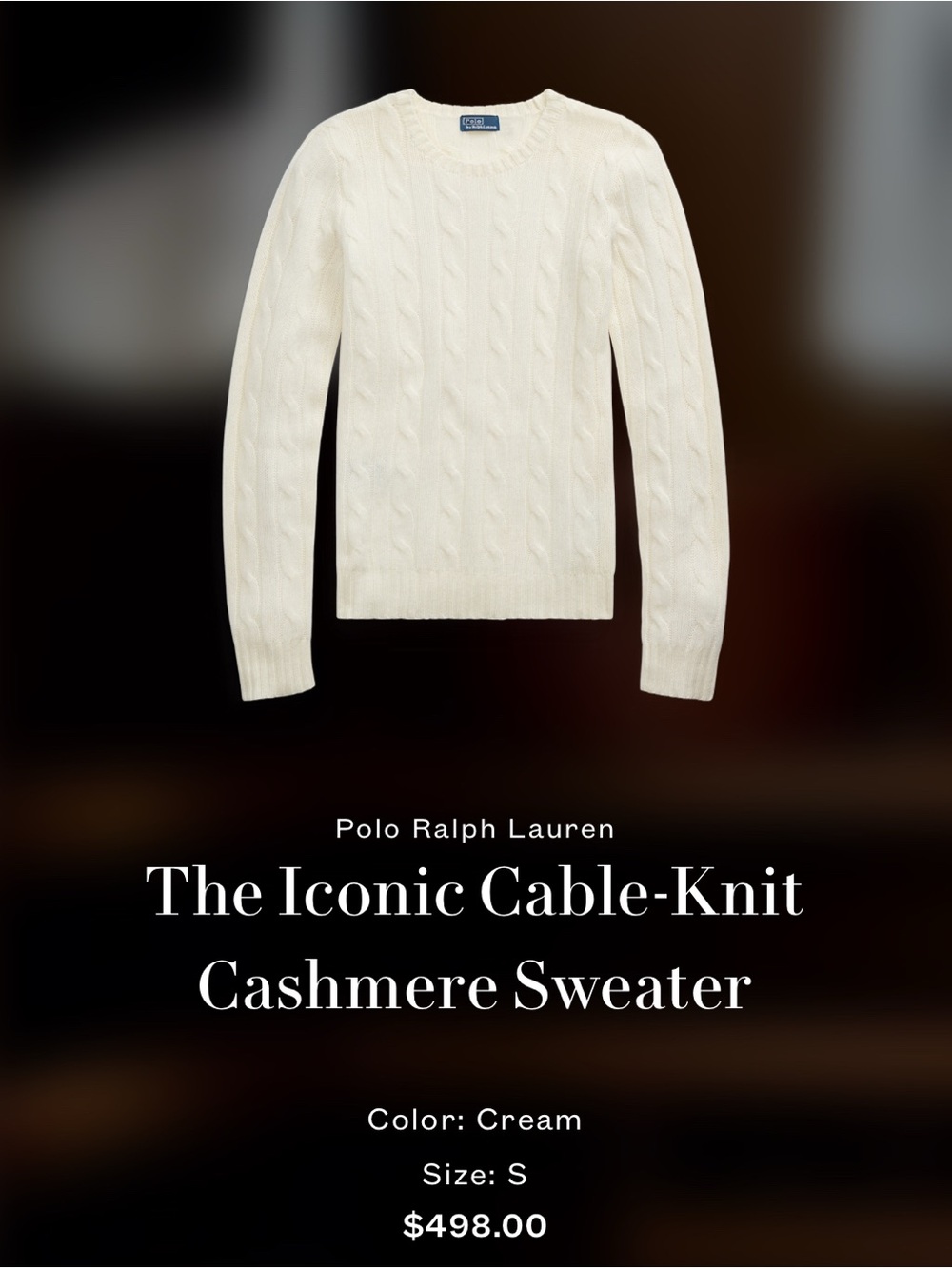 Ralph Lauren Cream Cable-Knit Cashmere Crewneck Sweater